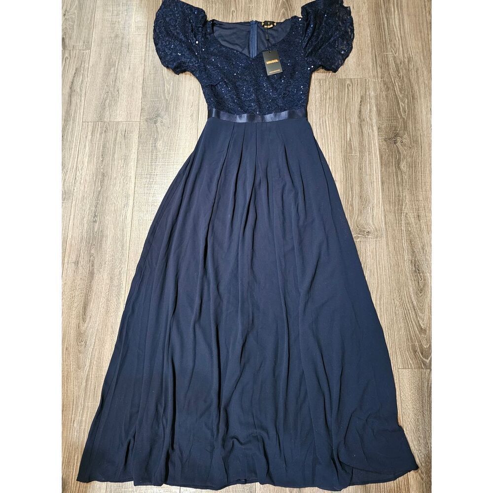 NEW Womens Miusol Mazi Dress Size Small Navy Sequin Puff Sleeve Maxi Gown